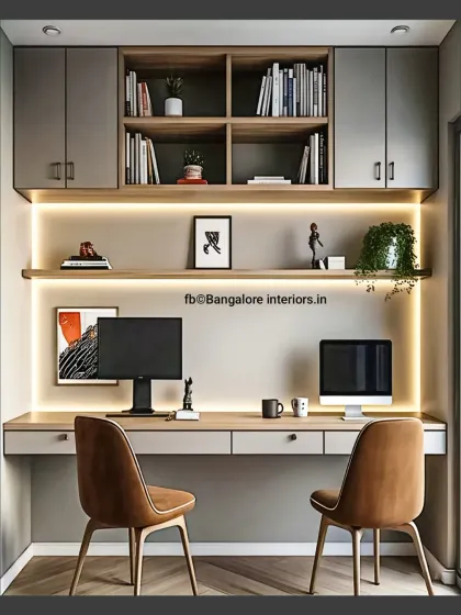 A well-designed home office can boost productivity. This setup for two features ample overhead storage, a wide desk space, and integrated LED lighting to create a bright and organized workspace.