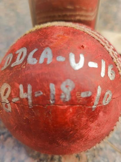 The match ball that made history. This ball represents all 10 wickets taken by Saiansh Vohra in a single DDCA U-16 innings. A truly unforgettable achievement.