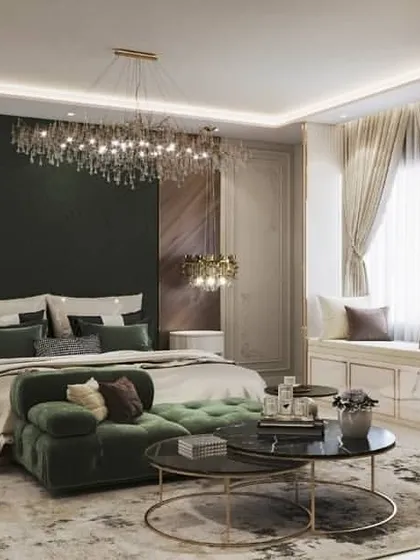 A sophisticated bedroom render that combines a dark green accent wall with rich wood tones and brass details. It demonstrates our ability to create a balanced and elegant color palette.
