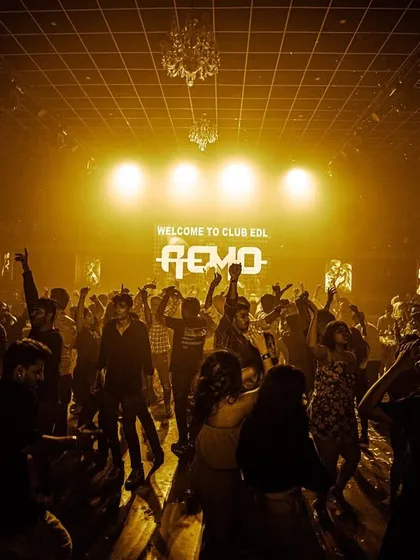 The crowd at Club EDL with their hands in the air, bathed in a warm, golden light. A picture of pure party bliss.