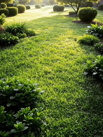 Morning light filtering through trees onto a dew-kissed lawn. The scene highlights the fresh, natural beauty of a garden designed with care.