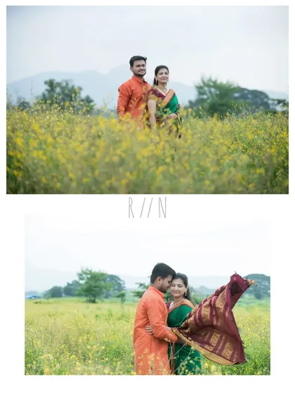 A two-panel photo from a traditional outdoor maternity shoot. The top image is a classic portrait in the flower field, while the bottom captures a dynamic, romantic moment with the saree's pallu flowing in the air.