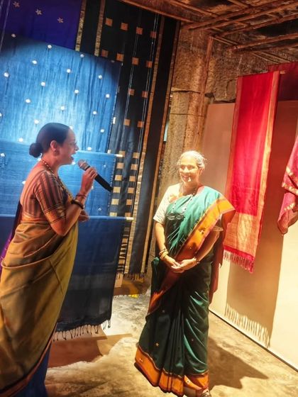 Our master printers recreated the stunning temple architecture of Hampi for the 'PAMPA' exhibition. Using historical sketches, they block printed these designs onto handwoven cotton-silk panels, a special project as one of our printers is from the Hampi region.