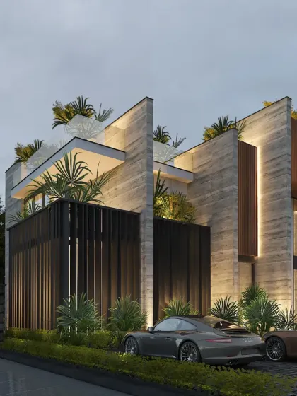 Our design for a modern composite facade in South City 1, Gurugram. The design plays with clean vertical and horizontal lines, using raw concrete for strength and warm wooden slats for richness, all balanced with green terraces.