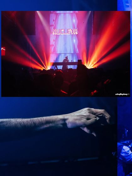A creative composition from Nucleya's show, contrasting the wide, red-lit stage with a close-up of a hand reaching out in the dark.