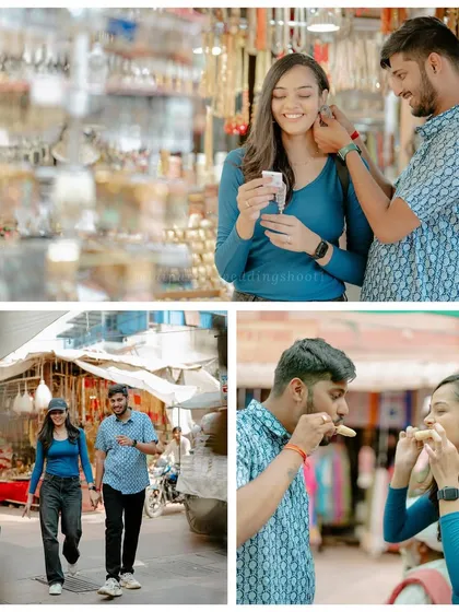 A collage of Sunil and Shalini's fun and candid street photography session, exploring the local markets and trying street food.