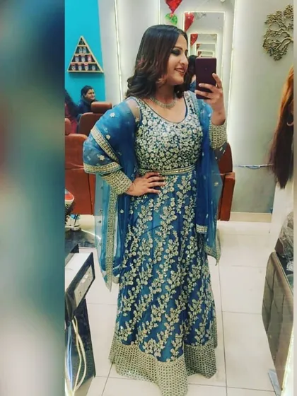 The same client showing off her rented blue anarkali. It’s a comfortable, elegant, and photo-ready outfit for any celebration.