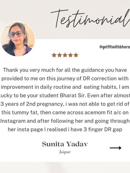 Sunita joined to correct a 3-finger Diastasis Recti gap she had for almost 3 years after her second pregnancy. I'm lucky to have been her student.