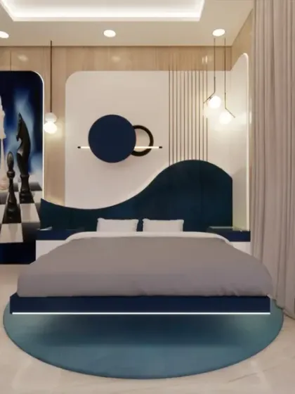 Another angle of the chess-themed bedroom, showcasing the modern and artistic design.