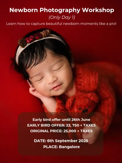 A promotional graphic for Day 1 of the Newborn Photography Workshop, with pricing details.