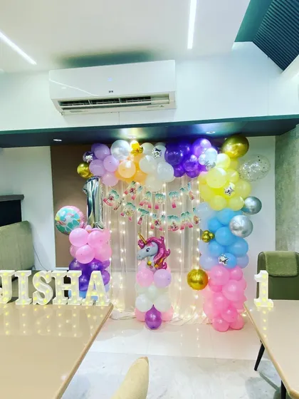 Another angle of the Unicorn party setup at Reva hotel in Vashi, showing the full arrangement in the party space.