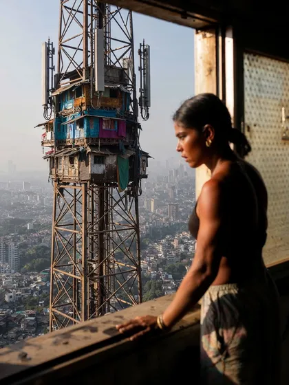 A woman looks out from her home in 'Network Nagar', with the sprawling city and another tower in the background. This offers a more personal, intimate perspective on life within this futuristic slum.