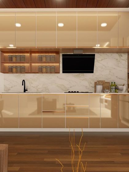 A straight-line modular kitchen with high-gloss beige cabinets and a white marble backsplash. The under-cabinet lighting illuminates the countertop for easy meal prep.