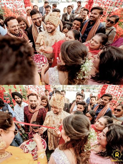 A candid moment from a wedding, with the groom in our golden beige sherwani. This shows how our outfits are part of your most joyous celebrations, surrounded by family and friends.