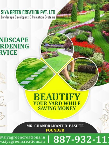 We can help you beautify your yard with creative landscaping. This image shows a multi-level garden design with colorful flower beds and winding paths.