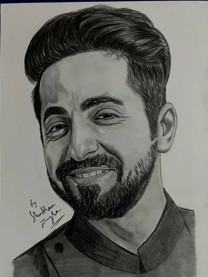 A smiling portrait of actor and singer Ayushmann Khurrana. This piece captures his friendly and approachable personality through detailed pencil work.