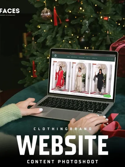 A festive-themed shot of a laptop showing a clothing brand's website with our photos. We shoot seasonal and thematic content to align with your marketing calendar, such as for holidays and festivals.