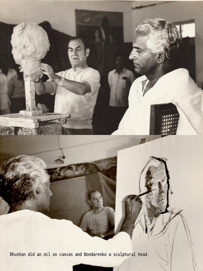 A historical photograph showing Vidya Bhushan and Bondarenko during a live art demonstration. This archival material, included in the exhibition, provides invaluable context to the artworks on display.