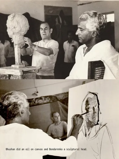 A diptych showing Vidya Bhushan painting a portrait of Bondarenko, while Bondarenko sculpts a bust. This image captures a moment of cross-cultural artistic dialogue, a key theme in the exhibition.