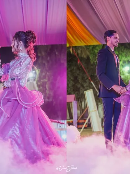 A collage showing the couple's romantic dance on a smoke-filled stage, creating a dreamy, magical atmosphere.