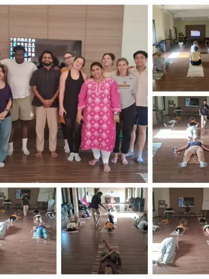 This collage captures various moments from a workshop with students from Adelphi University, including group practice, relaxation, and a community photo, showcasing the engaging and educational atmosphere of our center.