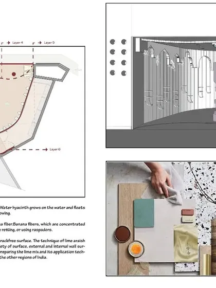 Material and concept boards for the BIAL project, highlighting our research into sustainable materials like water hyacinth and traditional Aaraish plaster techniques.