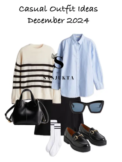 Getting your wardrobe ready for December with some casual outfit inspo. I styled this look to be cozy and chic, layering a classic striped sweater over a button-down shirt. It's perfect for those crisp winter days.