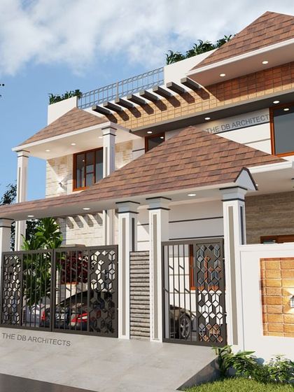 This angle of the 3D render for Mr. Abhishek's home highlights the decorative gate and the welcoming porch area, protected by a sloping roof that adds to its traditional charm.