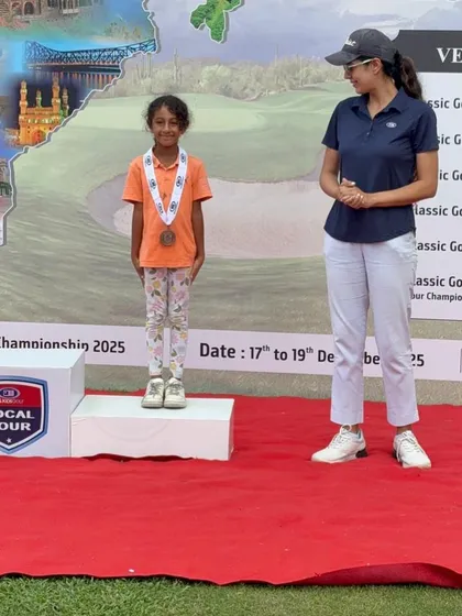 Amairaa Kaushal on the podium after securing 2nd Runner-Up in the Girls 8 & Under Category at the US Kids Golf Championship.