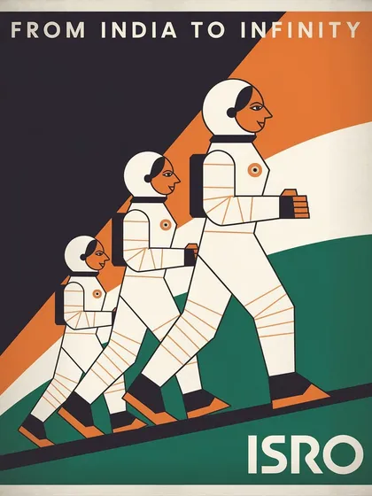 Another ISRO concept poster, showing the evolution of astronauts, with the tagline 'From India to Infinity'. The style is inspired by vintage educational charts.