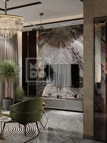 This view highlights the seamless flow between the living and dining areas, unified by a consistent palette of rich wood, marble floors, and touches of green. The design creates a cohesive and expansive feel.