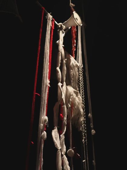 You can see a small megaphone integrated into the set here. We used elements like this to manipulate sound live, creating distorted and distant vocal effects that were central to the play's atmosphere.