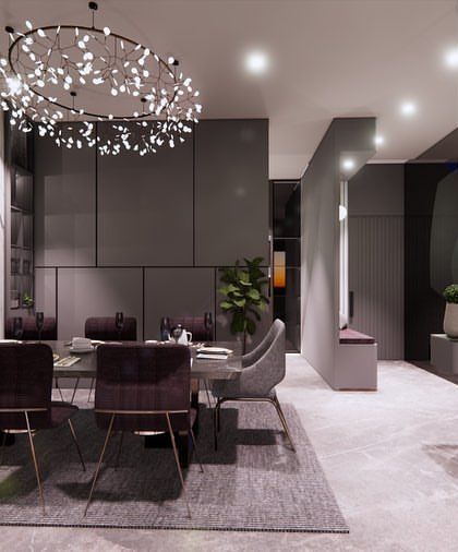 The dining area in our budget-luxe concept. We used an affordable laminate that mimics marble and a stunning chandelier to create a high-impact focal point.