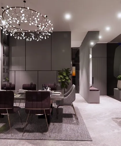 The dining area in our budget-luxe concept. We used an affordable laminate that mimics marble and a stunning chandelier to create a high-impact focal point.