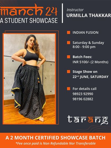 Announcing a new Indian Fusion showcase batch for Manch '24. This poster introduces a vibrant blend of traditional Indian dance with modern styles.