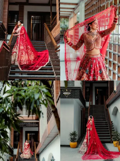 A collage of the bride's portraits, showcasing her stunning red lehenga with a long veil in various architectural settings.