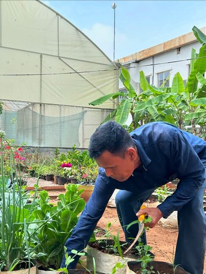 A farmer tends to the plants in our open-field garden. We celebrate the hard work and dedication of all farmers who feed our communities.