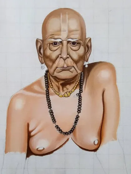 The upper body of the Swami Samarth portrait is now mostly rendered. I'm working on the skin textures and shadows around the torso.