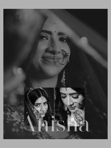 A stylish black and white collage of the bride, Anisha. The mix of close-ups and creative compositions results in a modern and artistic bridal feature.