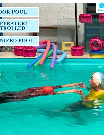 A swimmer enjoys a session while our key features are highlighted: an indoor, temperature-controlled, and ozonized pool. You can also see some of the aquatic equipment we use for fitness and therapy.