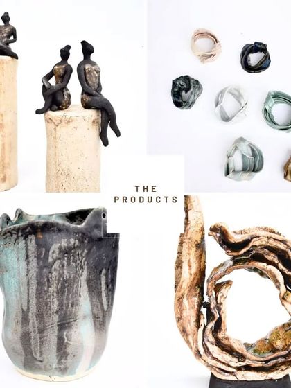 A collage of the products I exhibited at the Cymroza Art Gallery, including my 'Pillars of Strength' sculptures and 'Swirls of Life' pieces.