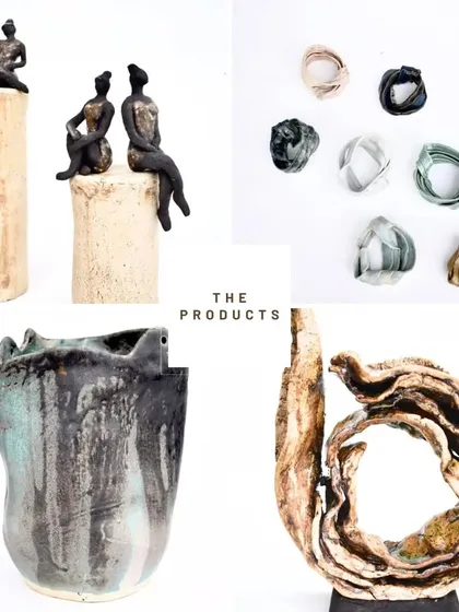 A collage of the products I exhibited at the Cymroza Art Gallery, including my 'Pillars of Strength' sculptures and 'Swirls of Life' pieces.