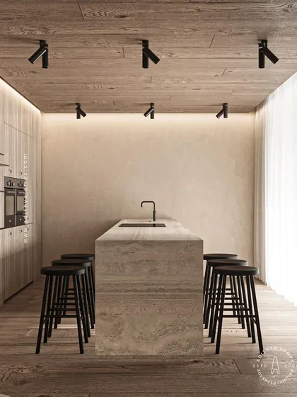 In this modern kitchen, our 'Deep' series downlights are strategically placed on the wooden ceiling to provide focused task lighting over the stone island. The adjustable black fixtures offer precision without glare, complementing the minimalist design while ensuring the workspace is perfectly lit. This demonstrates how functional lighting can also be a key design element.