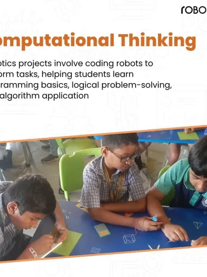 Students work together on a project, learning computational thinking by applying programming basics and logical problem-solving to their robot.