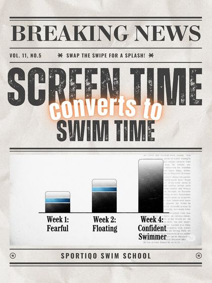 This graphic creatively shows the conversion of screen time to swim time, charting the progress from a fearful beginner to a confident swimmer in just four weeks.