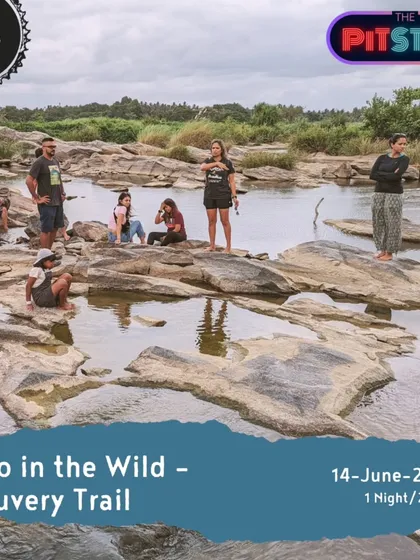 Friends and family relax on the rocks by the Cauvery river. Our Cauvery Trail tour is designed to be enjoyable for everyone, not just cyclists.