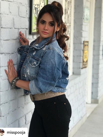 Another angle of the modern denim look I created for Miss Pooja. This shows how a simple combination of a denim jacket and black pants can be elevated with the right fit and accessories.