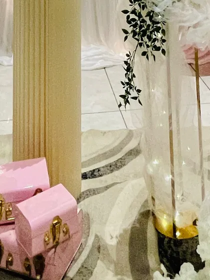 An identical shot of the decorative pink trunks.