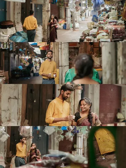 A collage from a vintage-themed pre-wedding shoot in a Mysuru market, capturing the couple's interactions.