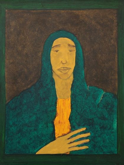 A portrait by Shamshad Hussain, son of M.F. Husain. This piece, with its muted colors and melancholic expression, is a powerful example of his modern and contemporary style.